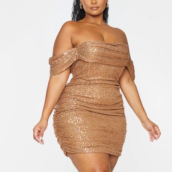 PrettyLittleThing Dresses & Skirts - Prettylittlething PLUS MOCHA SEQUIN BARDOT BODYCON DRESS